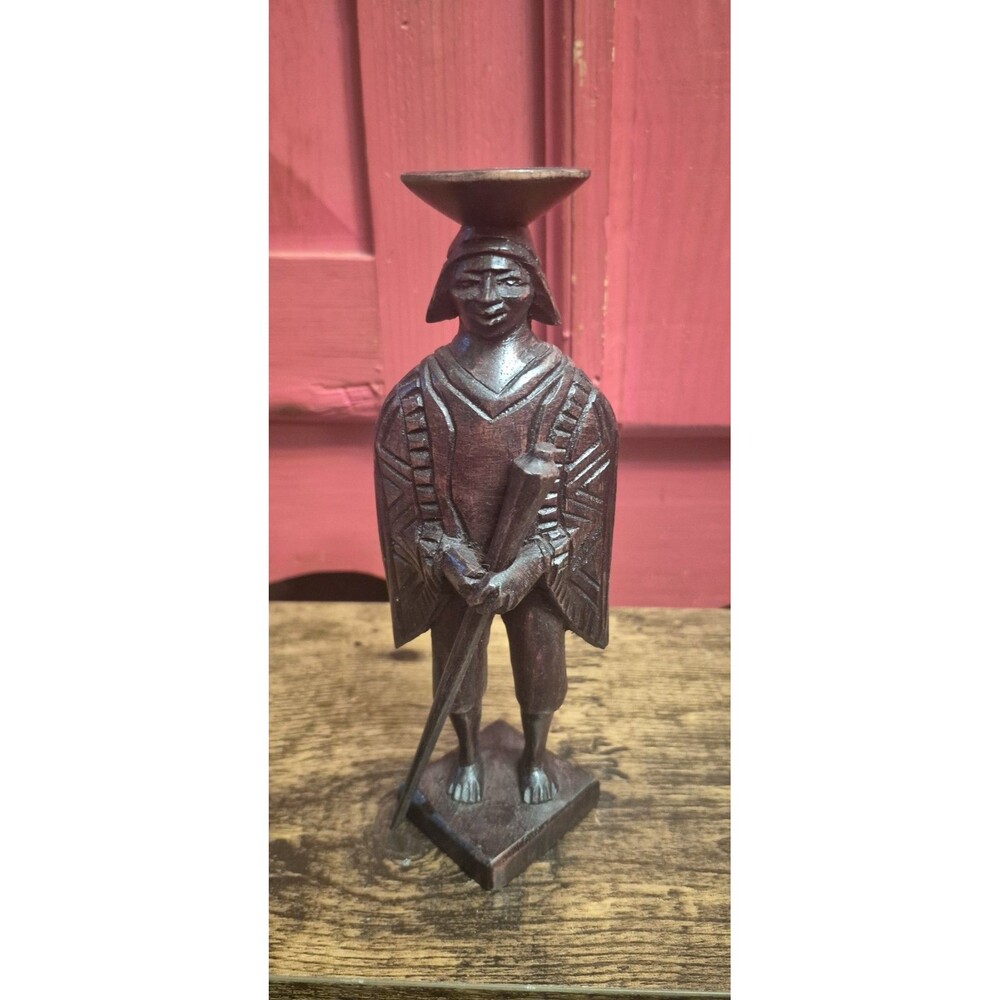 Vintage Hand Carved Wood South American Figurine 8" Man Poncho Folk Art Statue